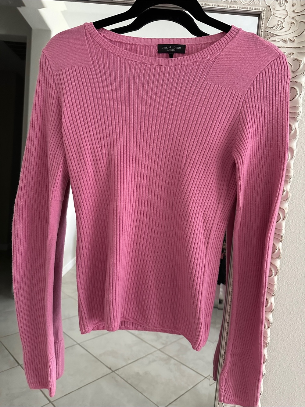 rag & bone Pink Ribbed Long-Sleeve Crewneck Wool Sweater